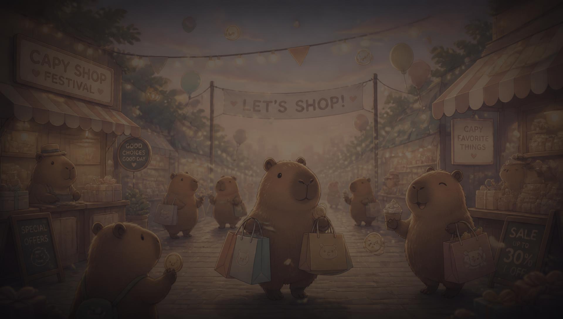 Festival de compras Capi Promoções com capivaras fofas em uma feira de ofertas